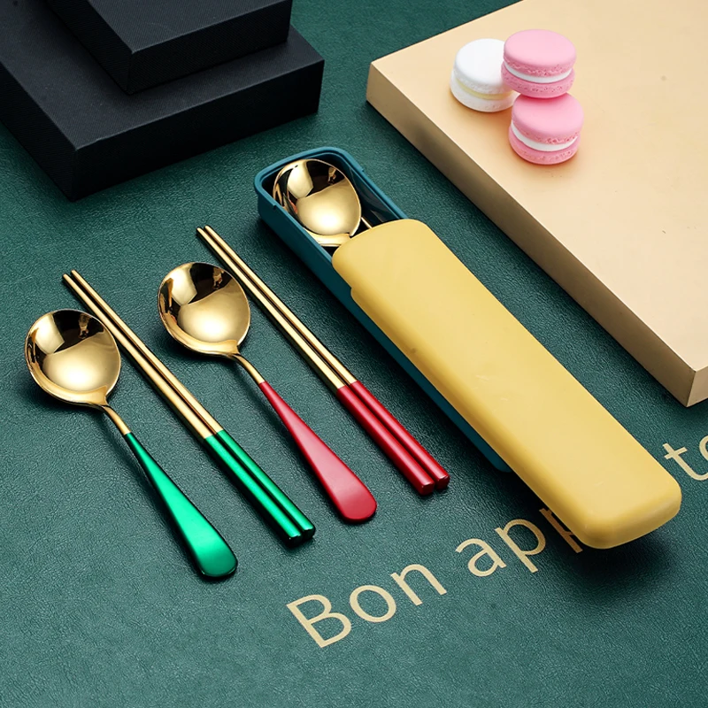 Reusable Korean Spoon And Chopstick Set Portable Golden Stainless Steel Cutlery Dinner Spoon