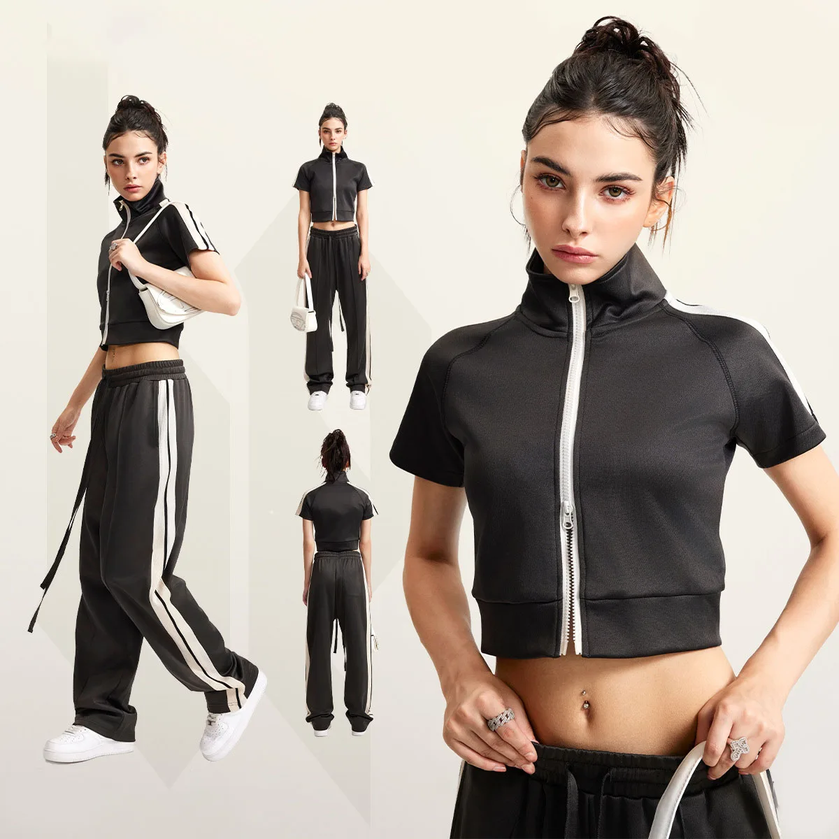 LY946 New Design Casual summer Ribbed Funnel neck Zip fastening Short sleeves Crop Top women shirt sexy tops 2023