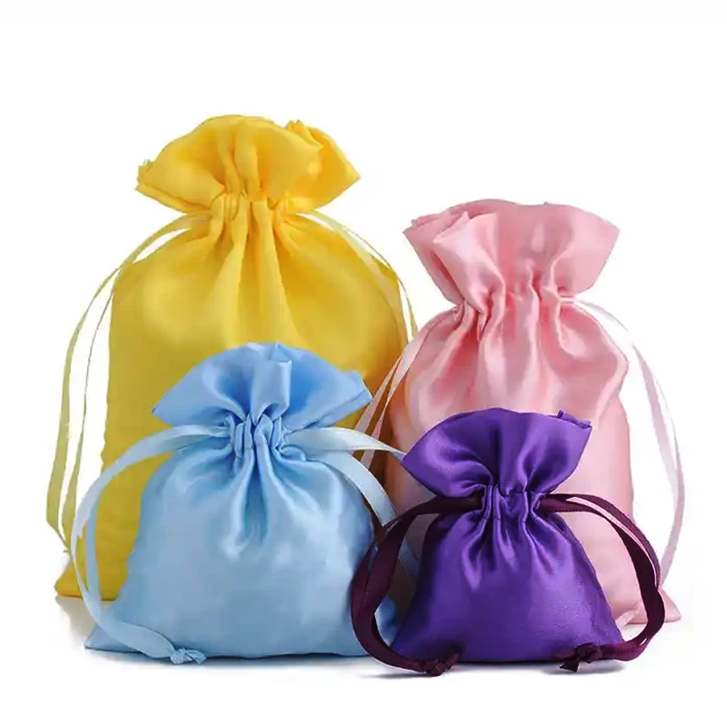 Top Quality Custom Print Logo Reusable Travel Portable Pouch Candy Color Silk Satin Cloth Drawstring Dust Jewelry Bag