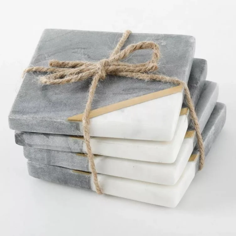 Wholesale Custom Four Piece Splicing 2 Colors coaster Set Inlaid with Brass Trim Cork Cup Mat Marble coaster