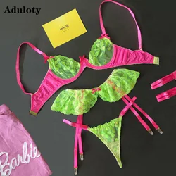 New Arrival women Sexy high quality hollow out hot color fluorescent green crash pink sexy lingerie bra and panty sexy lingeries