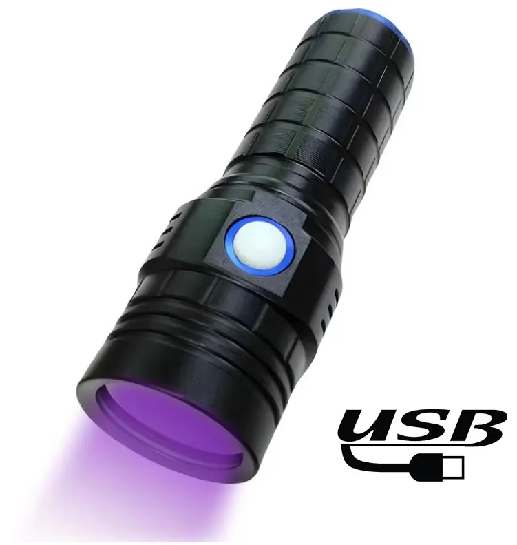 New Powerful USB C Rechargeable 30W UV Flashlight with 365NM 4 Core Chip Black Filter and Orange Peel Reflection