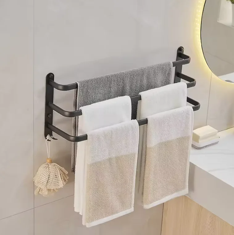 Fashion Black Bathroom Aluminum Towel Rail Wall Mount 3 Layer Towel Rail Storage Towel Rail