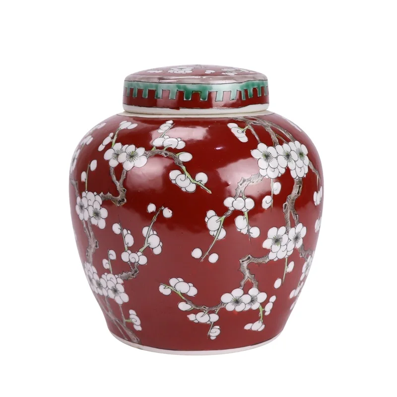 RYQQ34-G White Plume blossom Dark red tea storage cookie jar Ceramic Mason Jar with lid