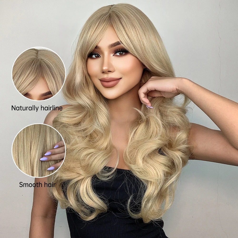 Synthetic Ombre Platinum Blonde Wig Long Wavy Wig with Bangs for Women Cosplay Party Heat Resistant Hair Wig