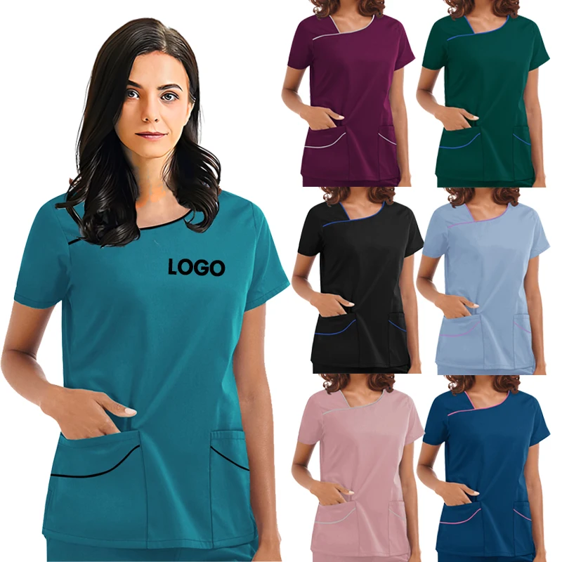 CUSTOM LOGO medical uniforms 2 PIECE short sleeve Workwear women female set medical scrubs gray colour nurse uniform scrub sets