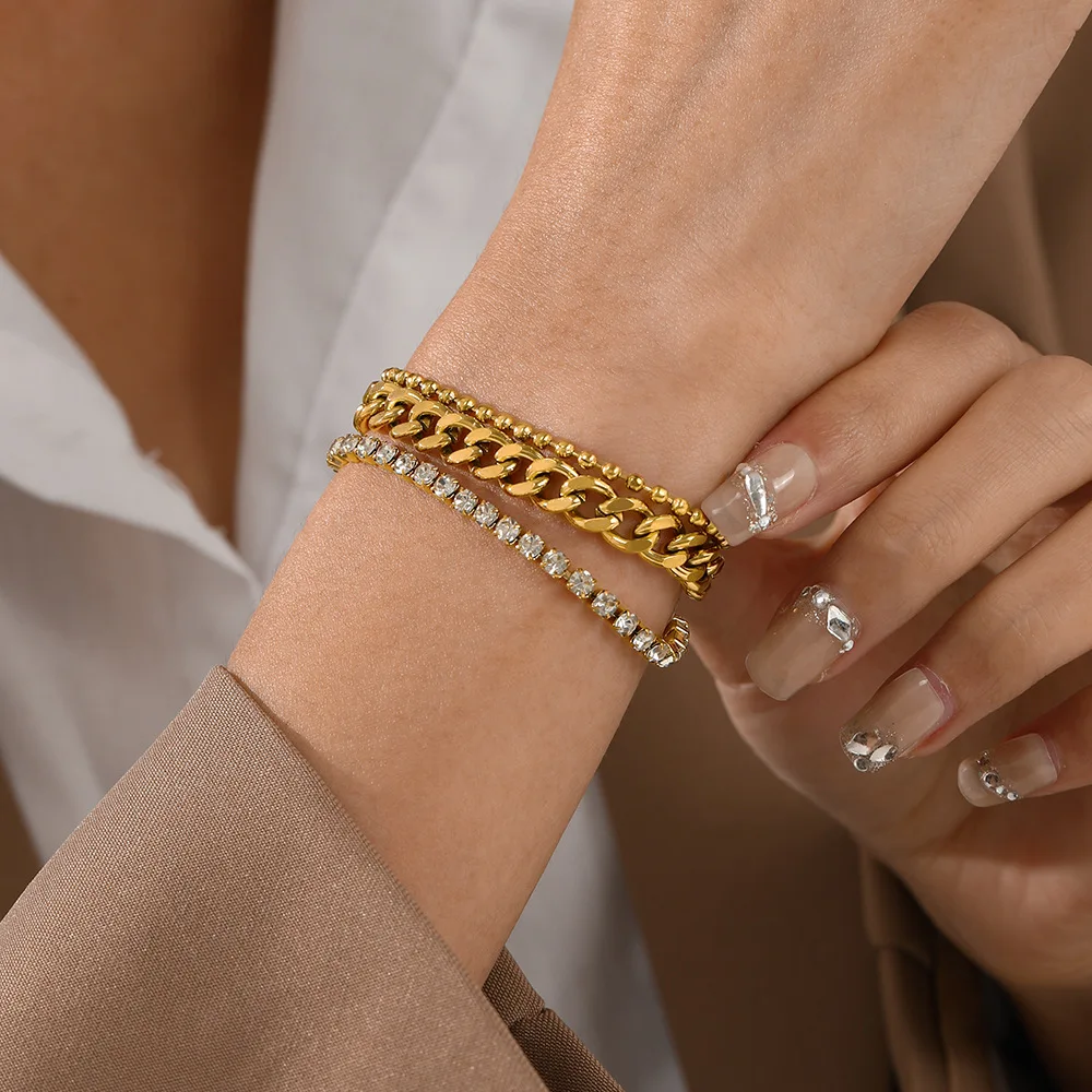 Wholesale Muliti-layer Stainless Steel Bracelet Punk Cuba Chain Diamond Bracelet Personality Titanium Steel Bracelet for Women