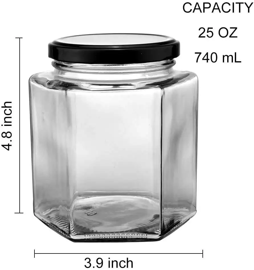 High Quality 16oz Hexagon Glass Bottle with Black Metal Cap Honey Jam Jar packaging