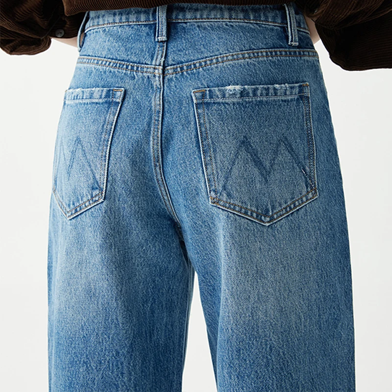 SF AL 24B041 American Style Straight Leg Pants for Ladies Middle Waist Casual Pants Cotton Women Blue Denim Pants