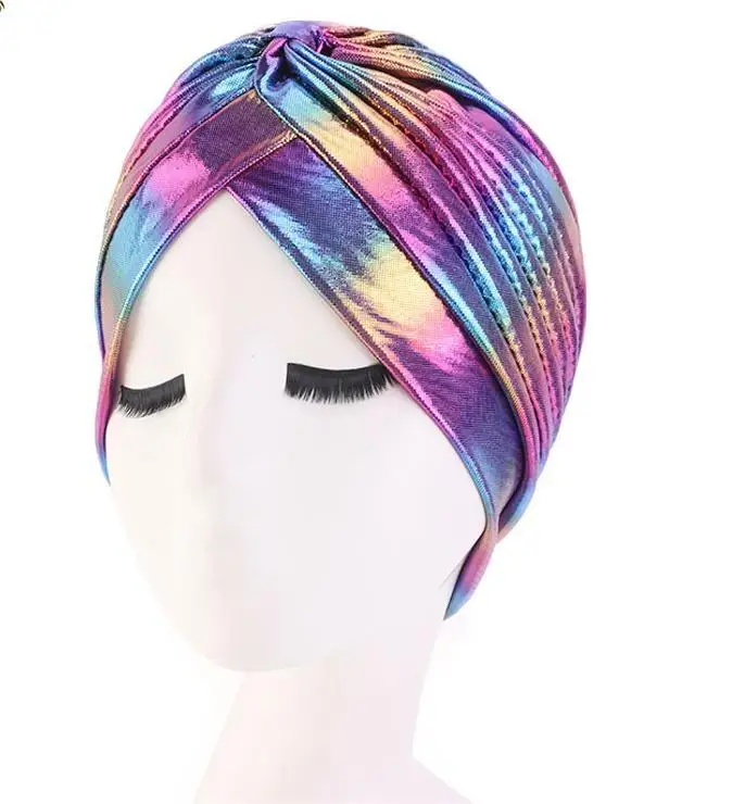 iridescent Laser Bright Stretchable Indian Hat Metallic Arab India Pleated Turban Headwrap Wedding Arabic Turban Men