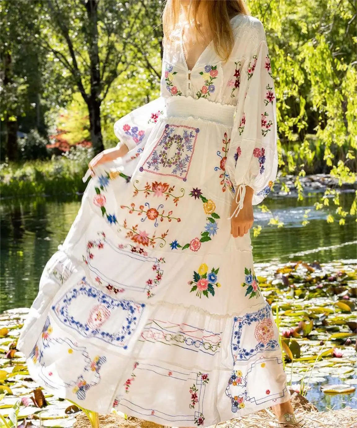 Embroidery Panels Dresses OEM High-quality Floral V Neck Maxi Elasticised Waist Casual Cotton Summer Natural OEM Service Woven