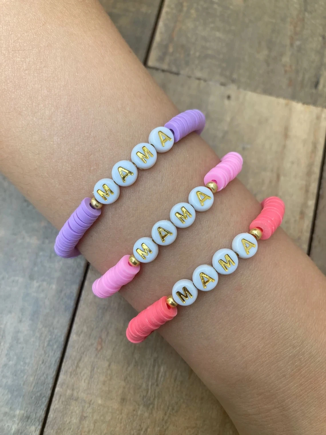 Custom MAMA Bracelet Charm Gold Filled Neutral Heishi Disc Bracelet Personalized Polymer clay Bracelet Bangle Jewelry Gift