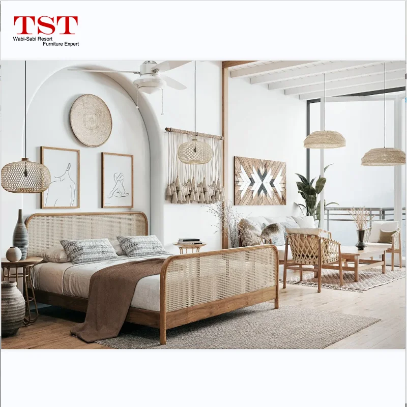 RT109  Customized Hotel Bedroom Furniture Set Wabi-Sabi Furniture Natural Rattan Wooden Resort Commercial Furniture Sets