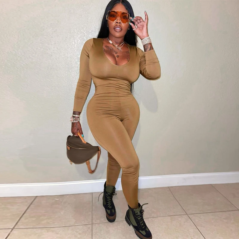 Lagerfe Long Sleeve V Neck Backless Hollow Out Jumpsuit Women Winter Fall Solid Bodycon One Piece Wear 2021 New Arrival Clothing