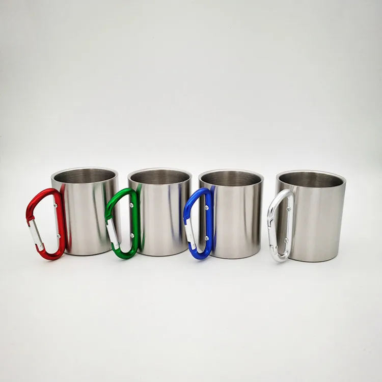 Portable Cup 10oz Stainless Steel Camping Carabiner Mug Thermal Hook Handle, Carabiner Stainless Steel Double Walled Travel Mug