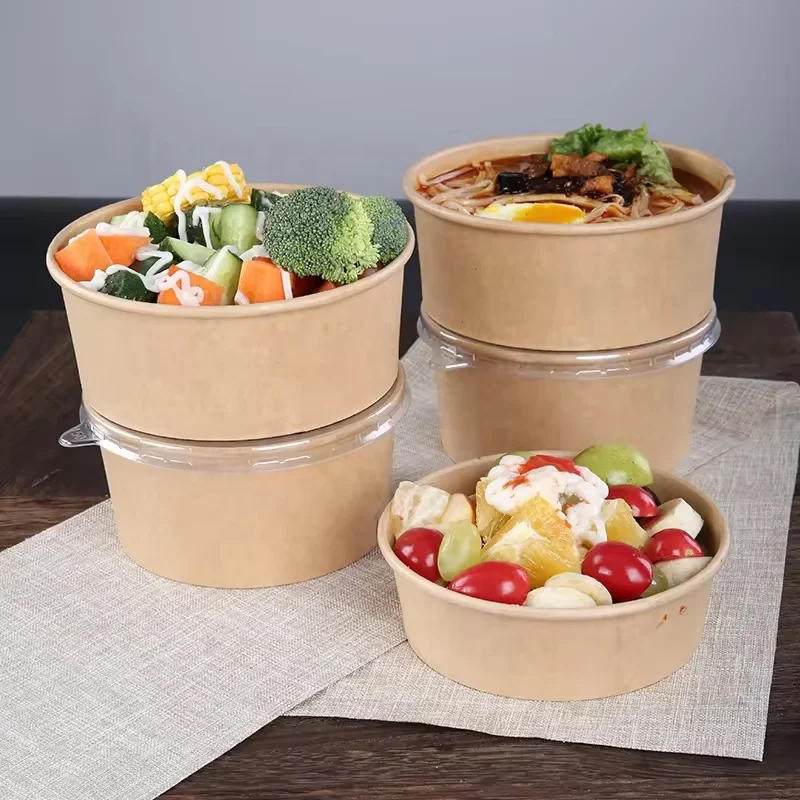 Wholesale  customized take away eco friendly disposable  Kraft paper pla bowl 400ml paper rice bowl with lid
