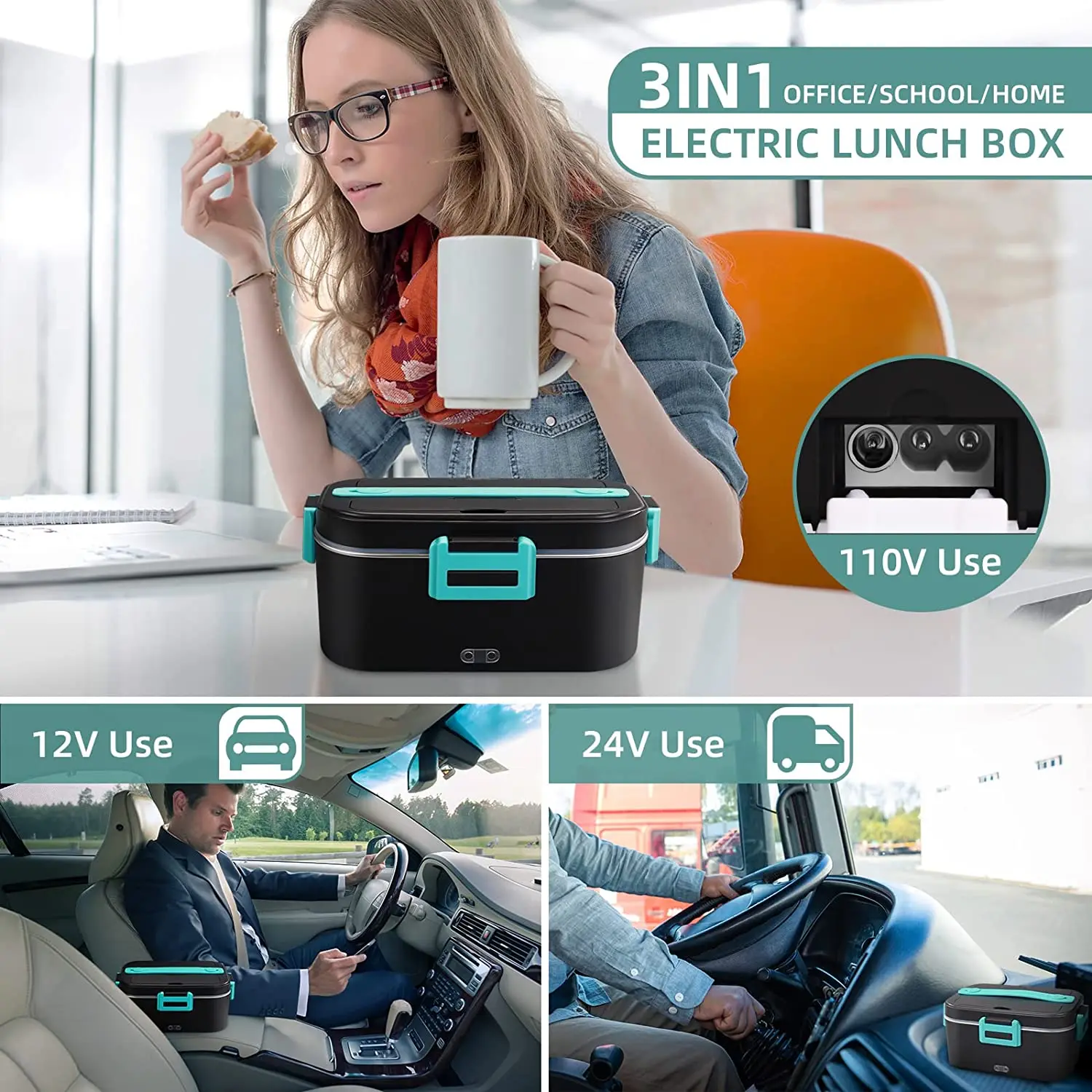 75W Electric Lunch Box Food Heater 1.8L Large Capacity heated Lunch Box Suitable for adult/work/car/office,3 in 1 lunch box