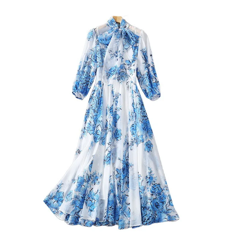 Blue And White Porcelain Long Dresses Summer New Elegant Chiffon Dress With Large Swing Fashion Silk Scarf Neck Bow Print