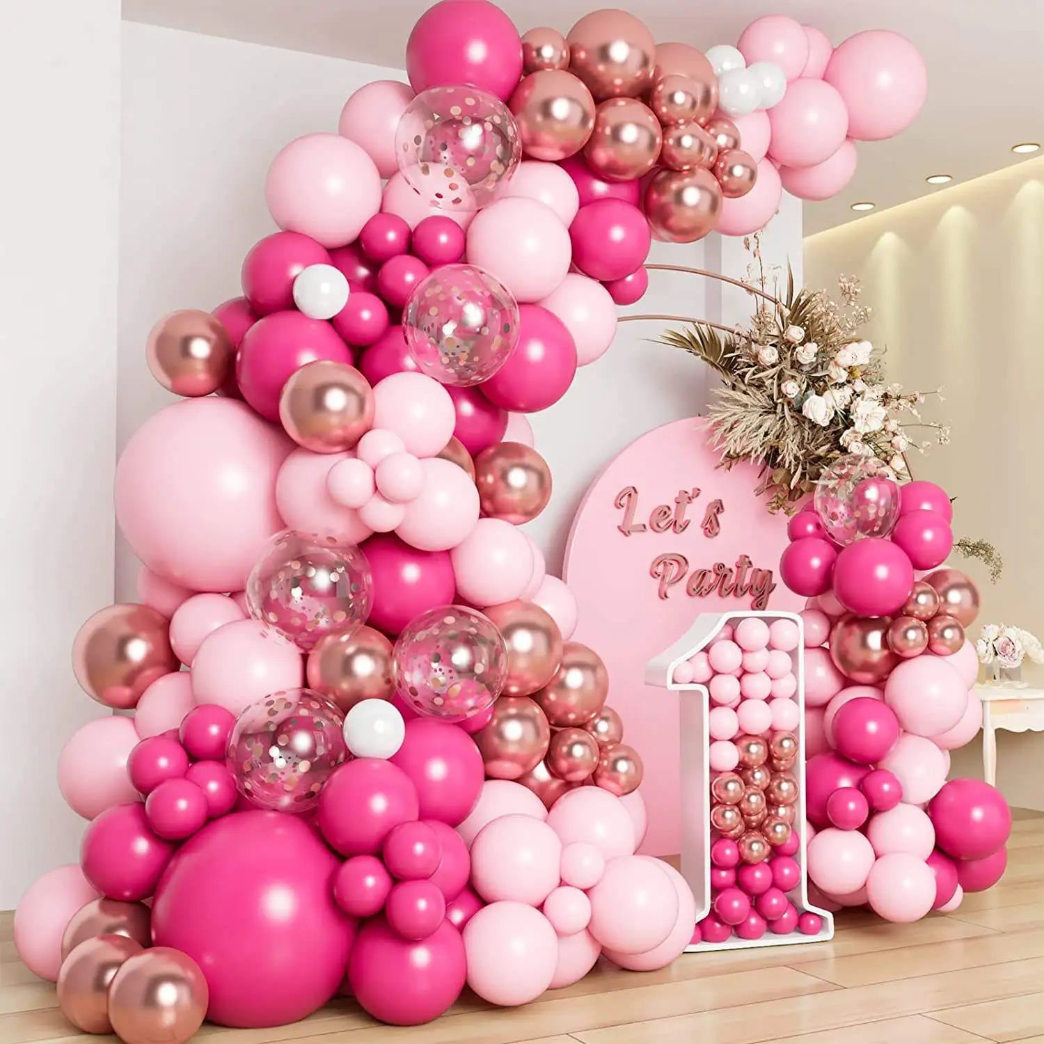 Pink Theme Hot Pink Pastel Pink Metallic Balloons Rose Gold Star Balloon Garland Arch Kit Party Background Decorations