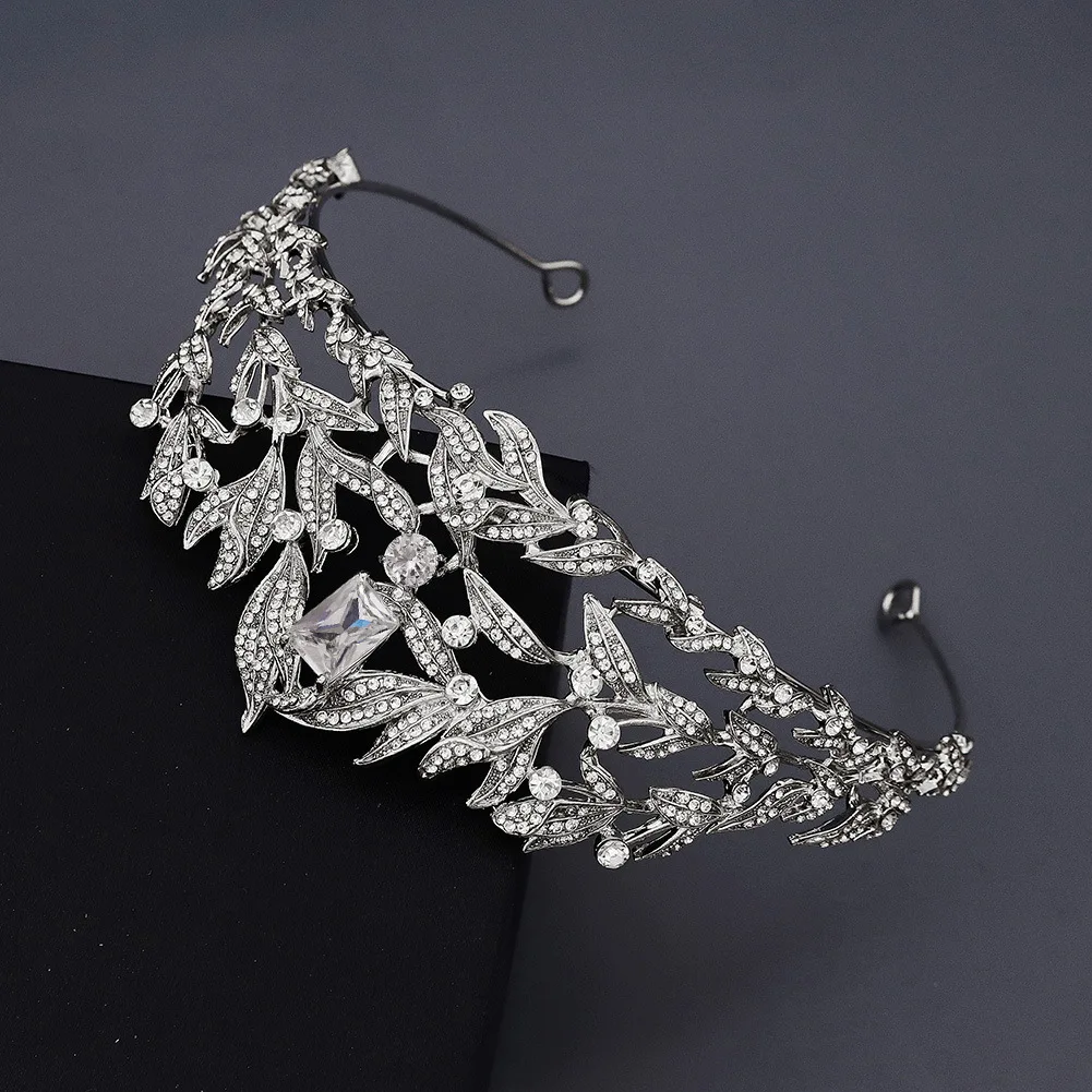 huanhuan luxury bridal hair accessories high-grade zircon rhinobar crown retro alloy leaf headband wedding dress headgear