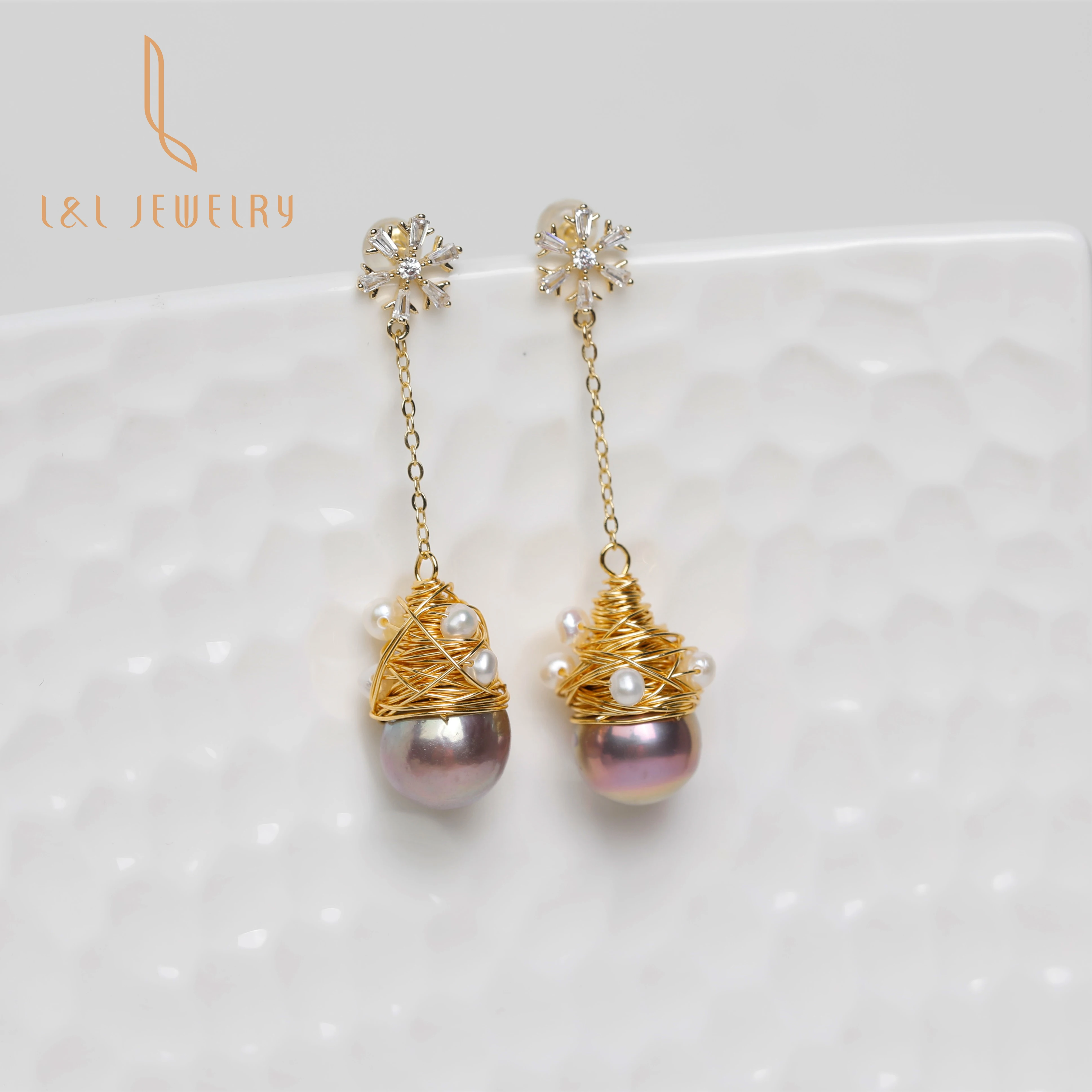 New Great large big size edison Pearl 9k Gold Filled genuine freshwater real fresh water pearl with Long Chain Earrings Drops