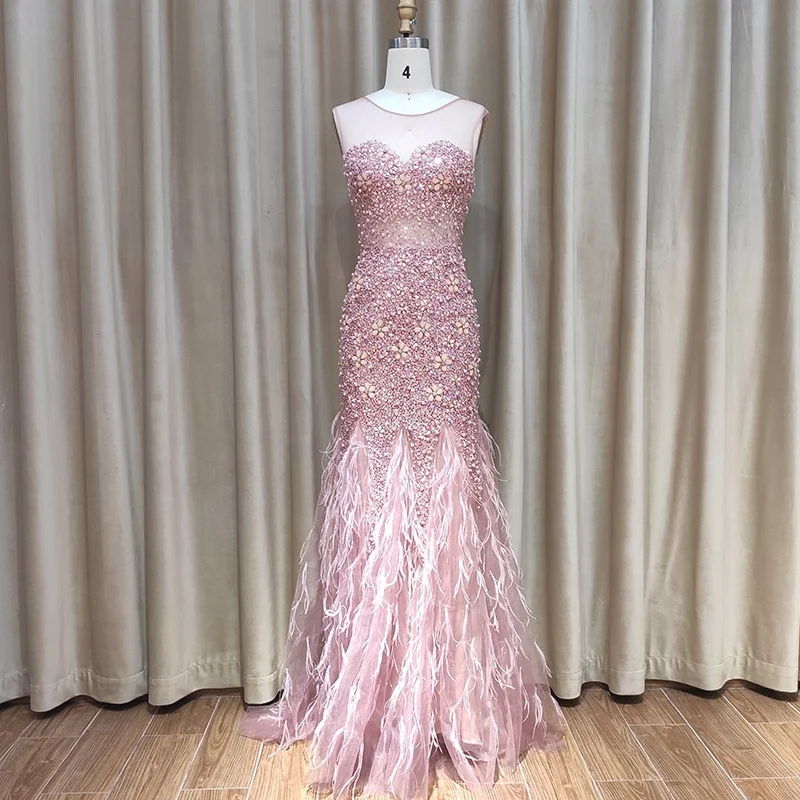 Luxury  Handmade Beading Party Dress Women Evening Dress Mermaid Fur Bottom Dress