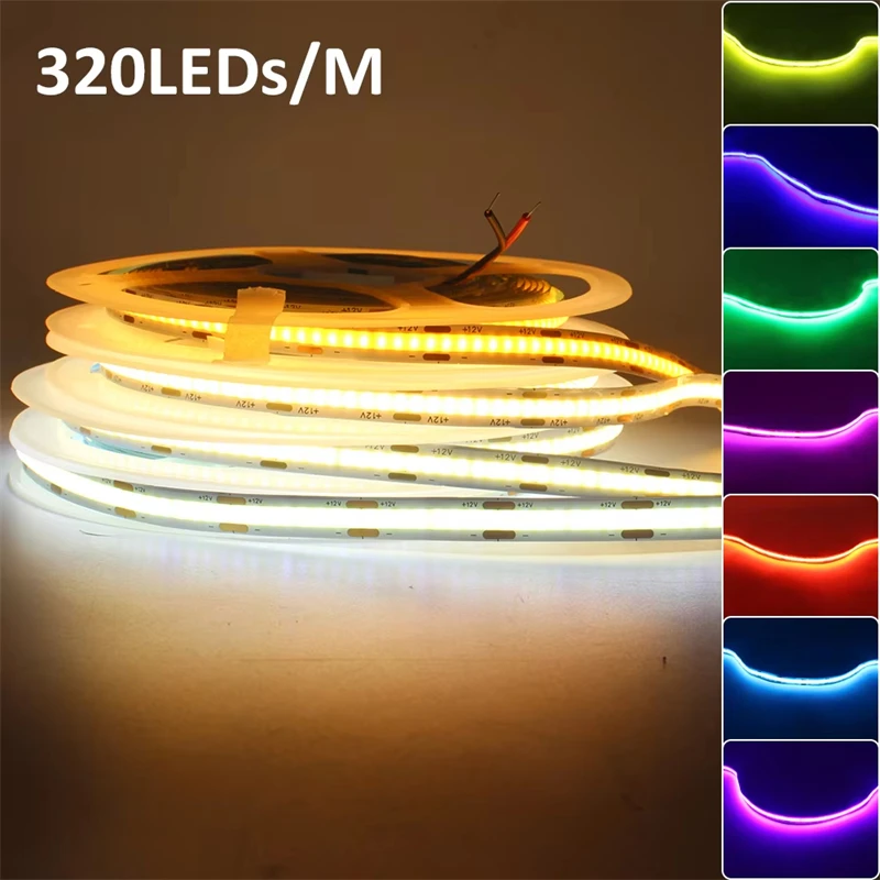 High Quality flexible cob led strip 24v High Density 8MM 12v 320LED Red orange golden green blue purple pink ice blue