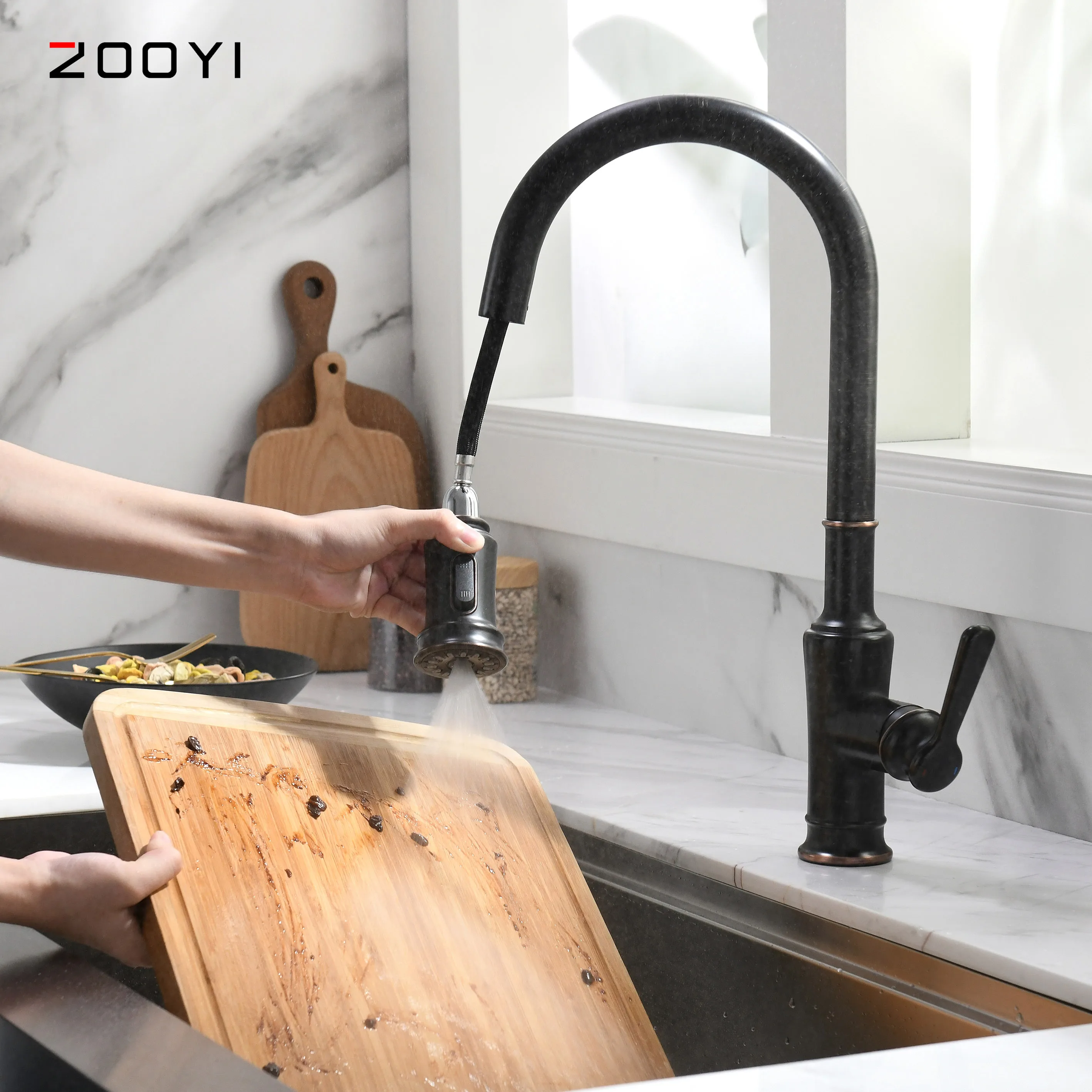 Commercial hot and cold water kitchen faucet mixer taps with pull down sprayer