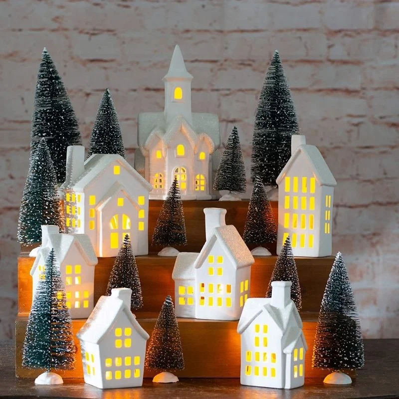 XINGYE Custom Desgin Tabletop Christmas Home Decorations White Cottage Lantern Ornament Tealight Holders Ceramic Houses