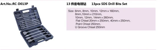 RCT 13pcs SDS PLUS 4 Cutter Full Carbide Tipped Hammer Drill Bit for Brick Stone and Concrete