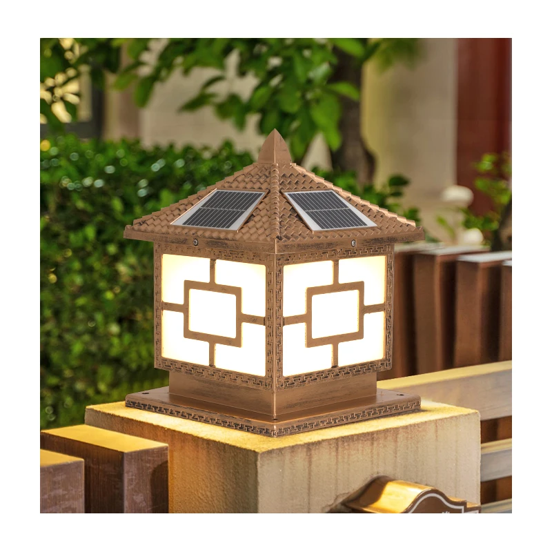 JENSJ092-F 10W Golden Solar Garden Light Multiple Color Dimming LED Column Pillar Lamp with Remote Control Waterproof for Patio