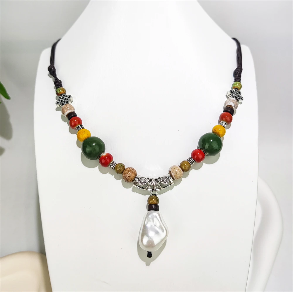 Bohemian Jewelry Colorful Beads Hand Woven Rope Necklace Trendy Ceramic Beads Retro Necklace with Shell Pearl Pendants for Sale