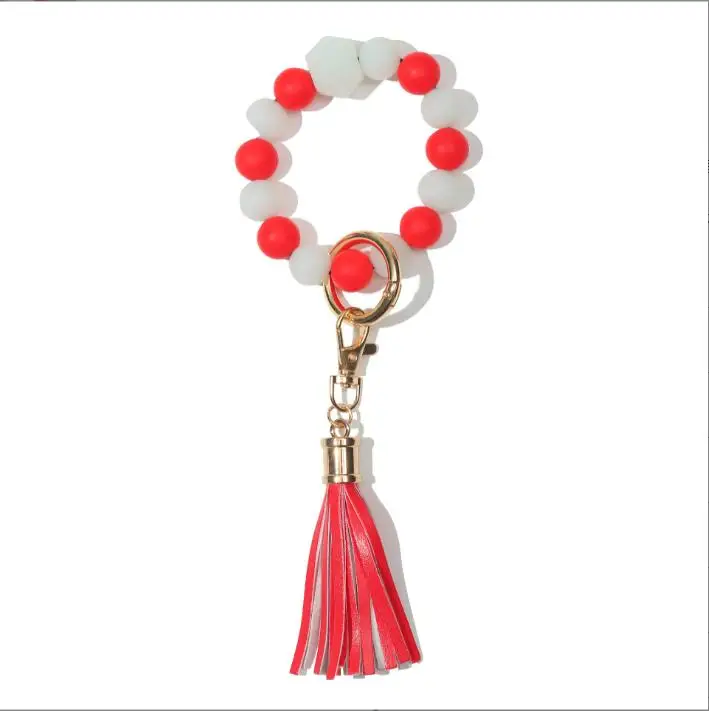 Wristband Keychain Wristlet Bangles Holder Pendant Fluorescent Tassel Key Chain Wrist Keyring Silicone Bead Bracelet