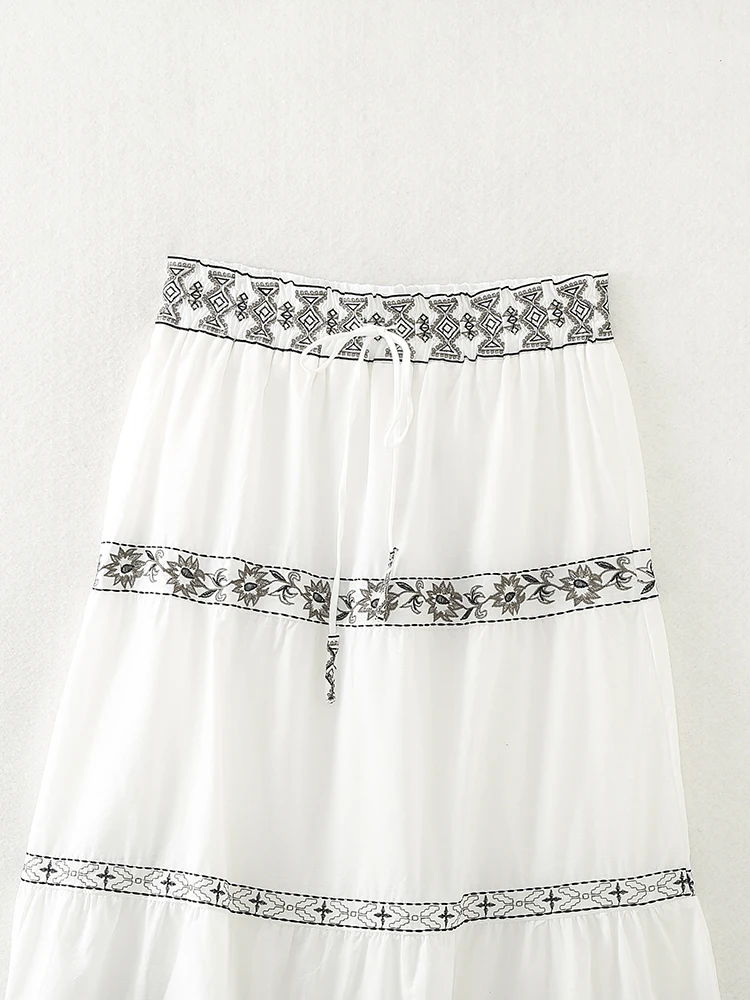 Floral embroidery white color drawstring waist casual fashion cotton long skirt for women