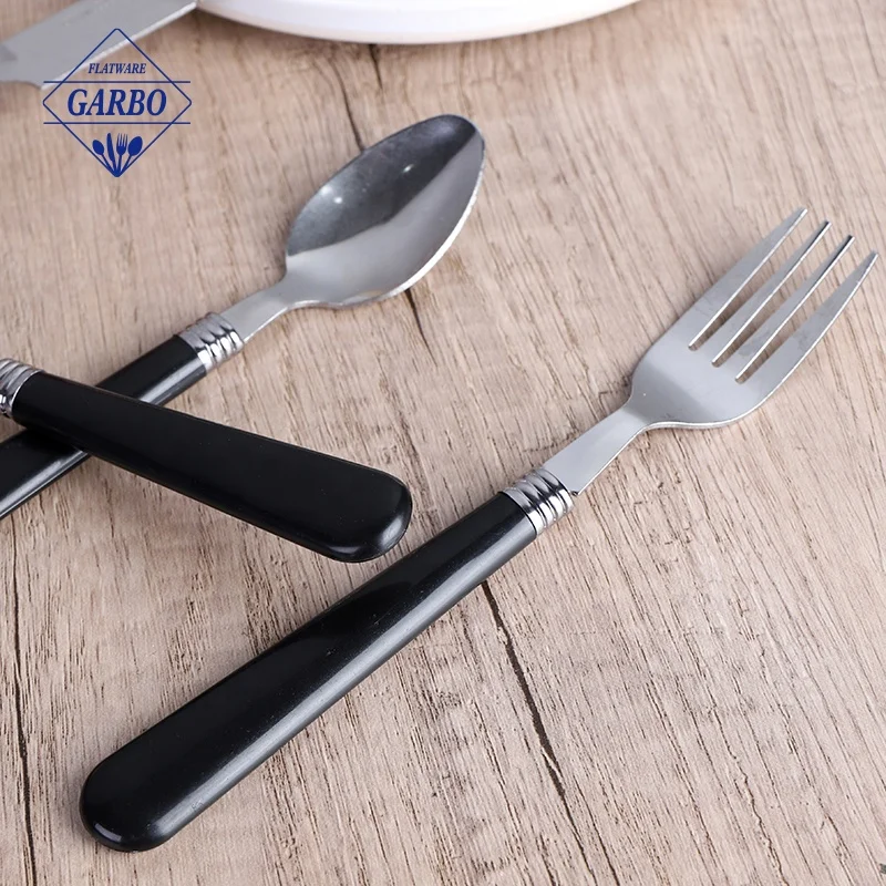 Wholesale South America Hot Sale Cheap 410 Stainless Steel Black Plastic Handle 36pcs Cutlery Flatware Sets with PVC Gift Box
