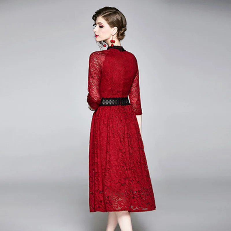 YSQ8313075 new four season lace stitching dress