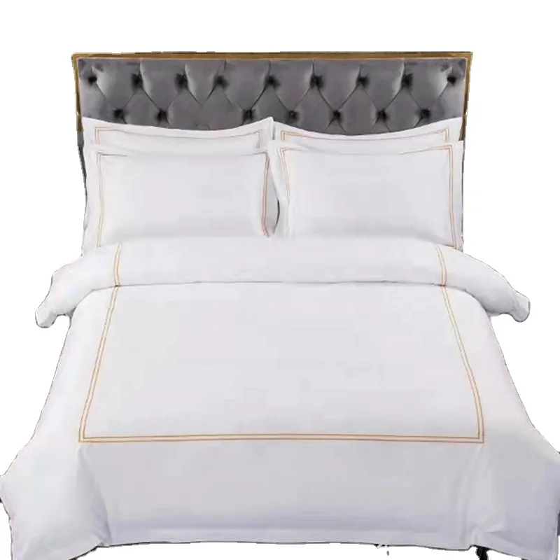 cheap factory hotel bed linen 300tc white cotton border embroidery bedding set bed sheets for hotel