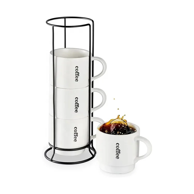 TAOXIN 15 Ounce Stackable Coffee Mugs with Rack Large Coffee Cup Ceramic Dishwasher Microwave Safe