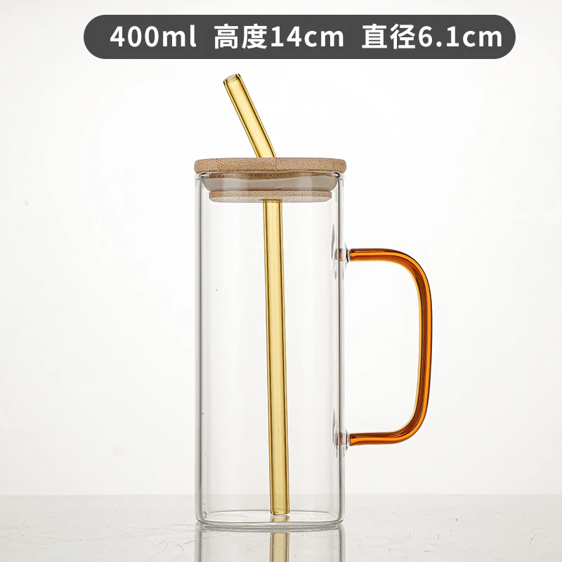 Square High Borosilicate Glass Beverage Cup with Straw In Stock 400ml Creative Glass Cold Drink Mug with Wooden Lid and Handle
