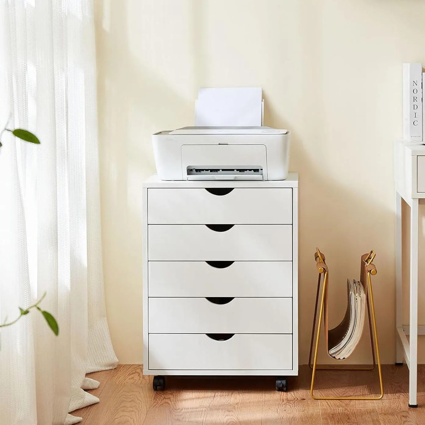 5 Drawers Dressers White Chest of Drawers for Bedroom Mobile Storage Cabinet with Wheels for Home Office Wood