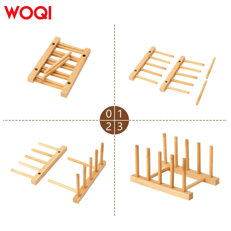 WOQI Multifunction Robust Compact Wood Dish Drainer Bamboo Plate Rack for Cups, Pot Lid, Chopping Board