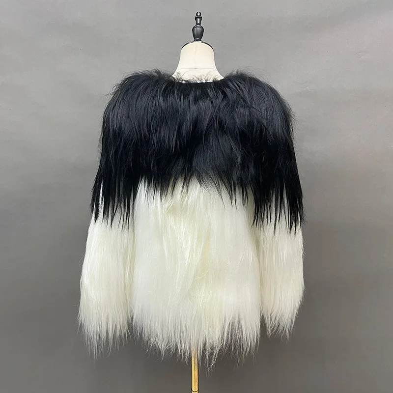 New Coming Black White Long Hair Fur Coat Women Stylish Goat Fur Coat