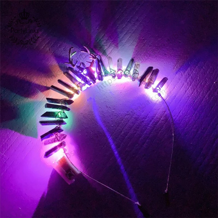 European Princess Vintage LED Flashing Tiara Crown Raw Crystal Colorful Hair Hoop Women Halloween Christmas Headpiece