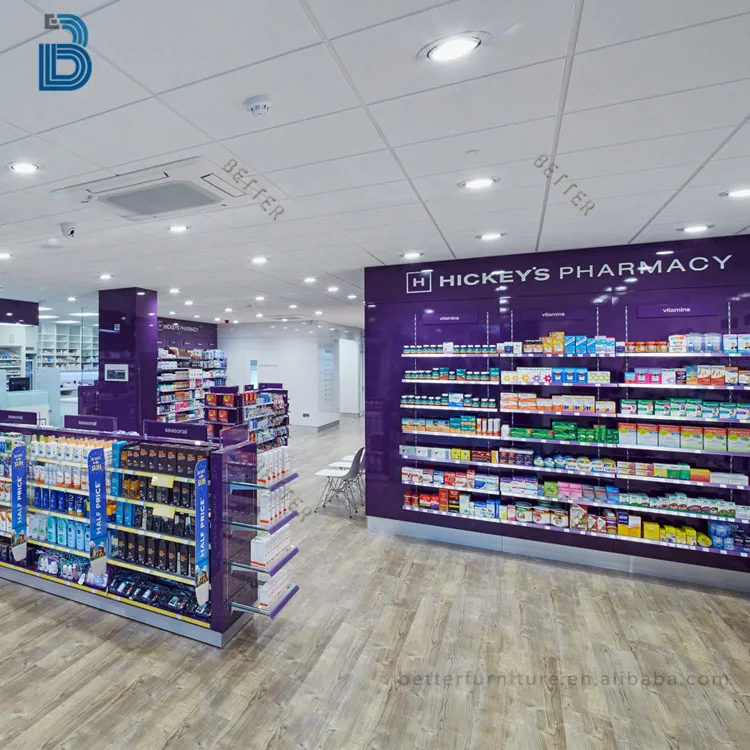 Pharmacy shop display furniture equipment for shelves and display cabinet drugstore gondola