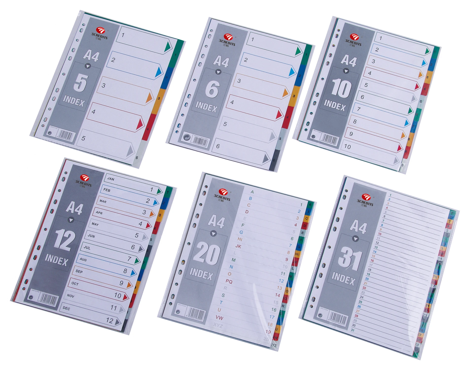 
grey color multi color A4 PP divider PP index with 11 holes 1-5 1-6 1-10 1-12 January to December A-Z 
