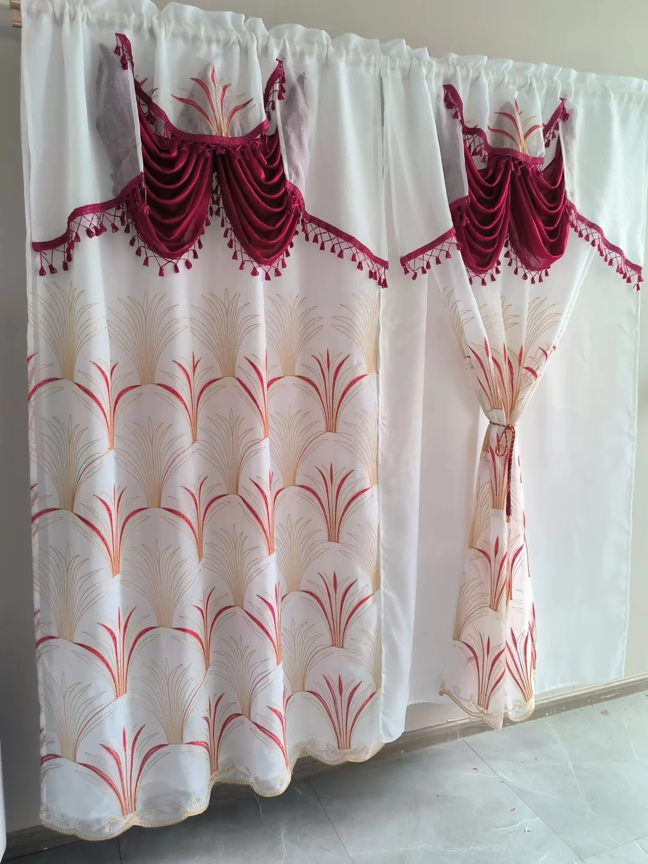 Hot selling double layer luxury window curtain elegant sheer embroidery tulle ready made valance curtain for living room