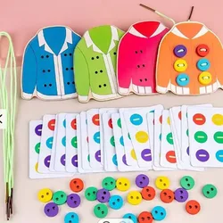 Factory Hot Sell Wooden Chidren Educational Toys Kit Lacing Game Learning DIY Craft Sew Button Toy Preschool Cognative Toy for