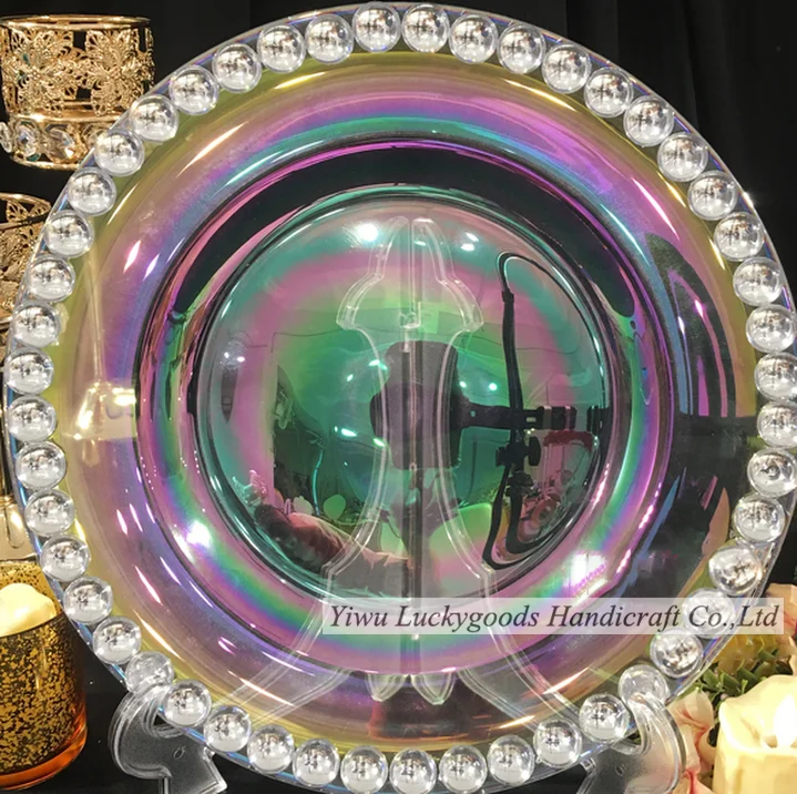 BL210610-1 Glass round wedding table use wholesale beaded charger plate gold rim