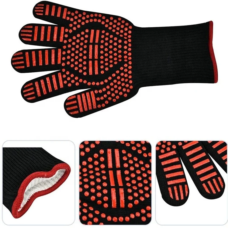 Sturdyarmor Black Dotted Silicone Cooking Kitchen Oven Barbecue Heat Resistant BBQ Gloves 1472F Aramid Grill Cooking Gloves