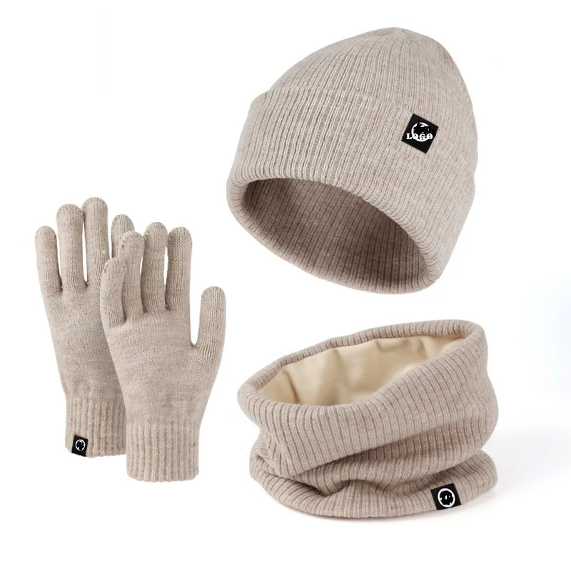 winter high quality camel woolen beanie and scarf gloves set custom logo outdoor mens knitted beanie scarf 3 piece set for men